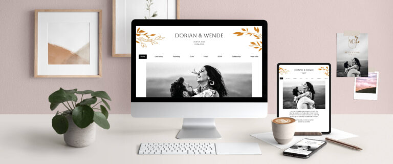 Wedding Website Great Day Sfeer foto van een wedding website op een computer, telefoon en tablet in de stijl van de trouwkaart.